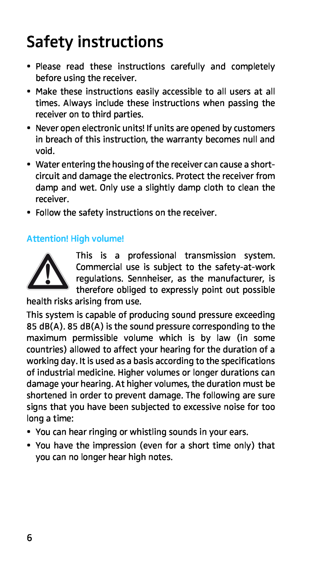Sennheiser EK3253 manual Safety instructions, Attention! High volume 