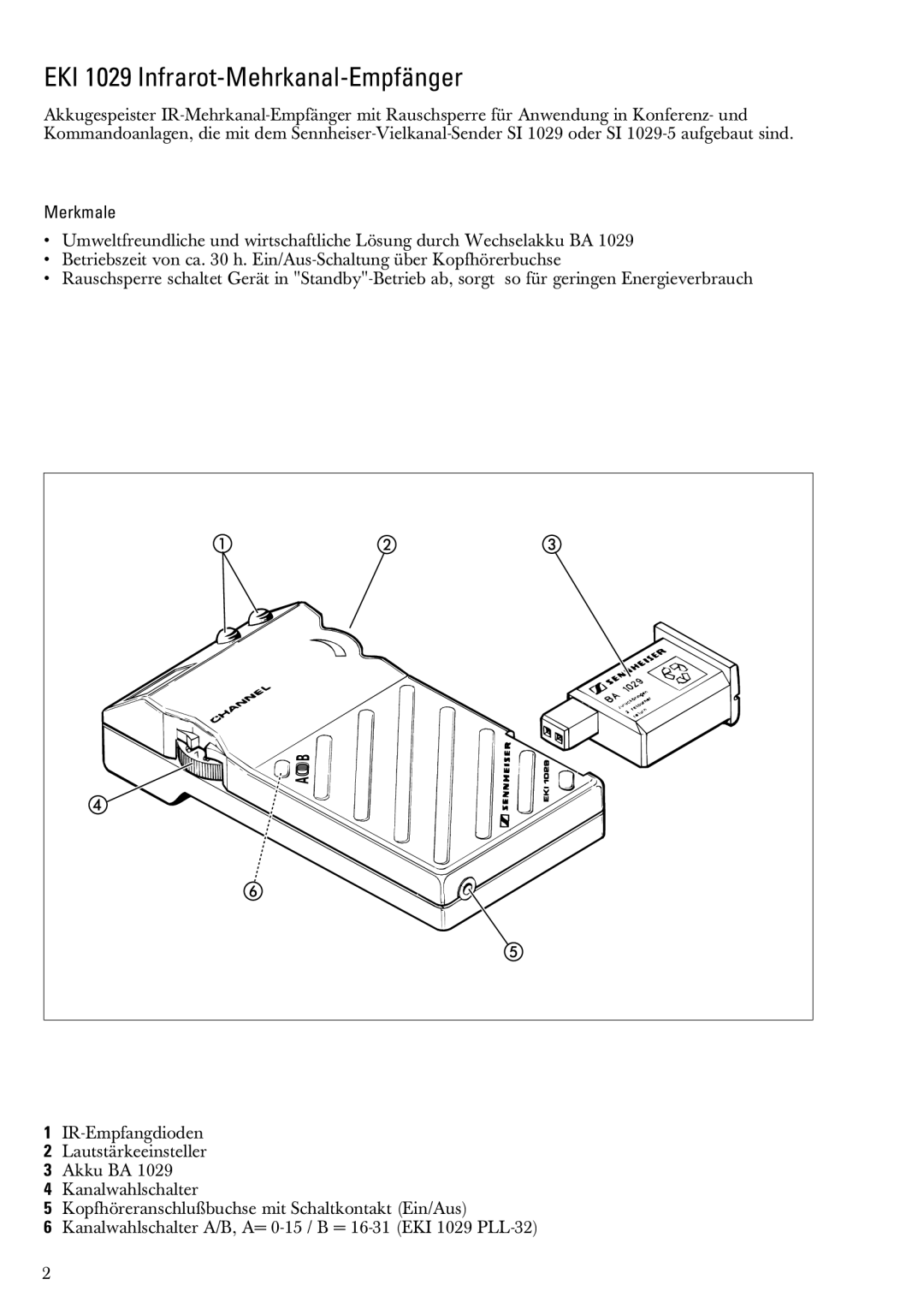 Sennheiser EKI 1029-12 03252, EKI 1029 PLL-16 03627, EKI 1029 PLL-32 04623 EKI 1029 Infrarot-Mehrkanal-Empfänger, Merkmale 