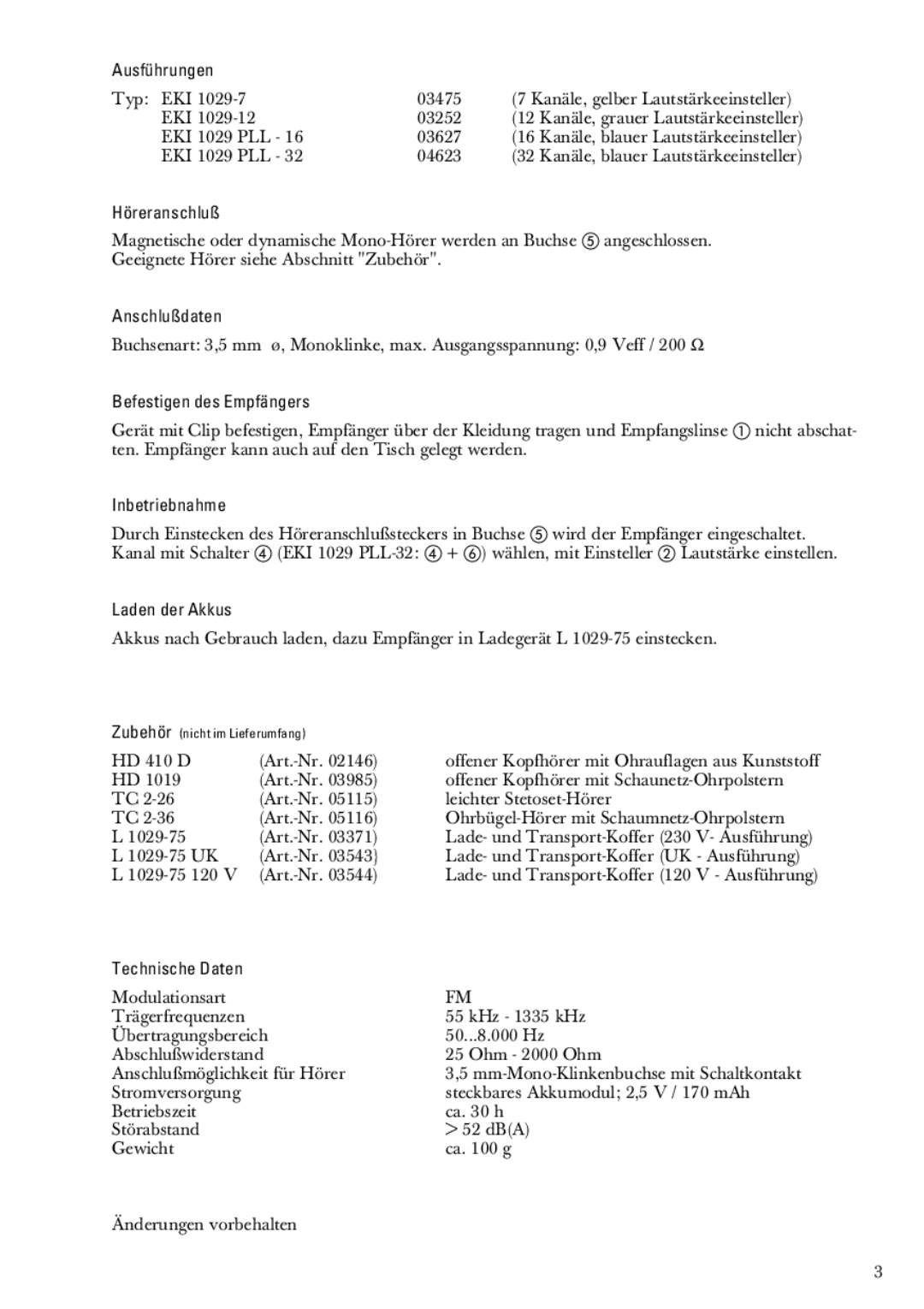 Sennheiser EKI 1029 PLL-16 03627 Ausführungen, Höreranschluß, Anschlußdaten, Befestigen des Empfängers, Inbetriebnahme 