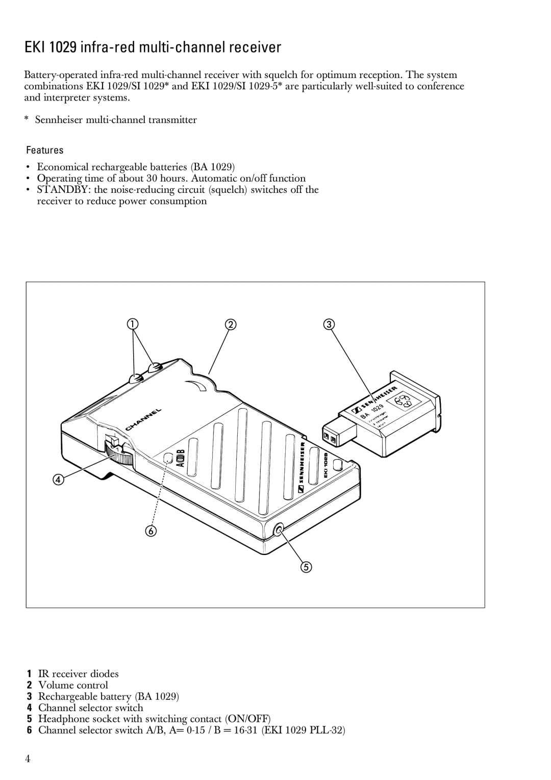 Sennheiser EKI 1029 PLL-32 04623, EKI 1029 PLL-16 03627 manual EKI 1029 infra-red multi-channel receiver, Features 