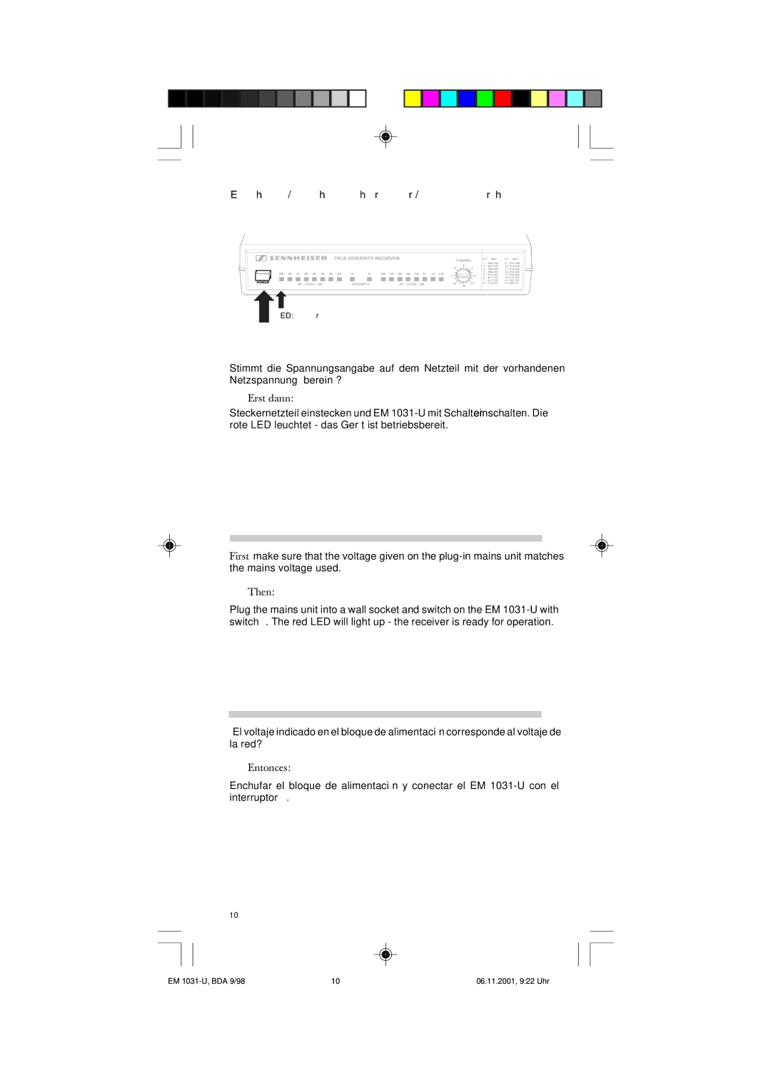 Sennheiser EM 1031-U manual Einschalten / Switching on the receiver / Puesta en marcha 