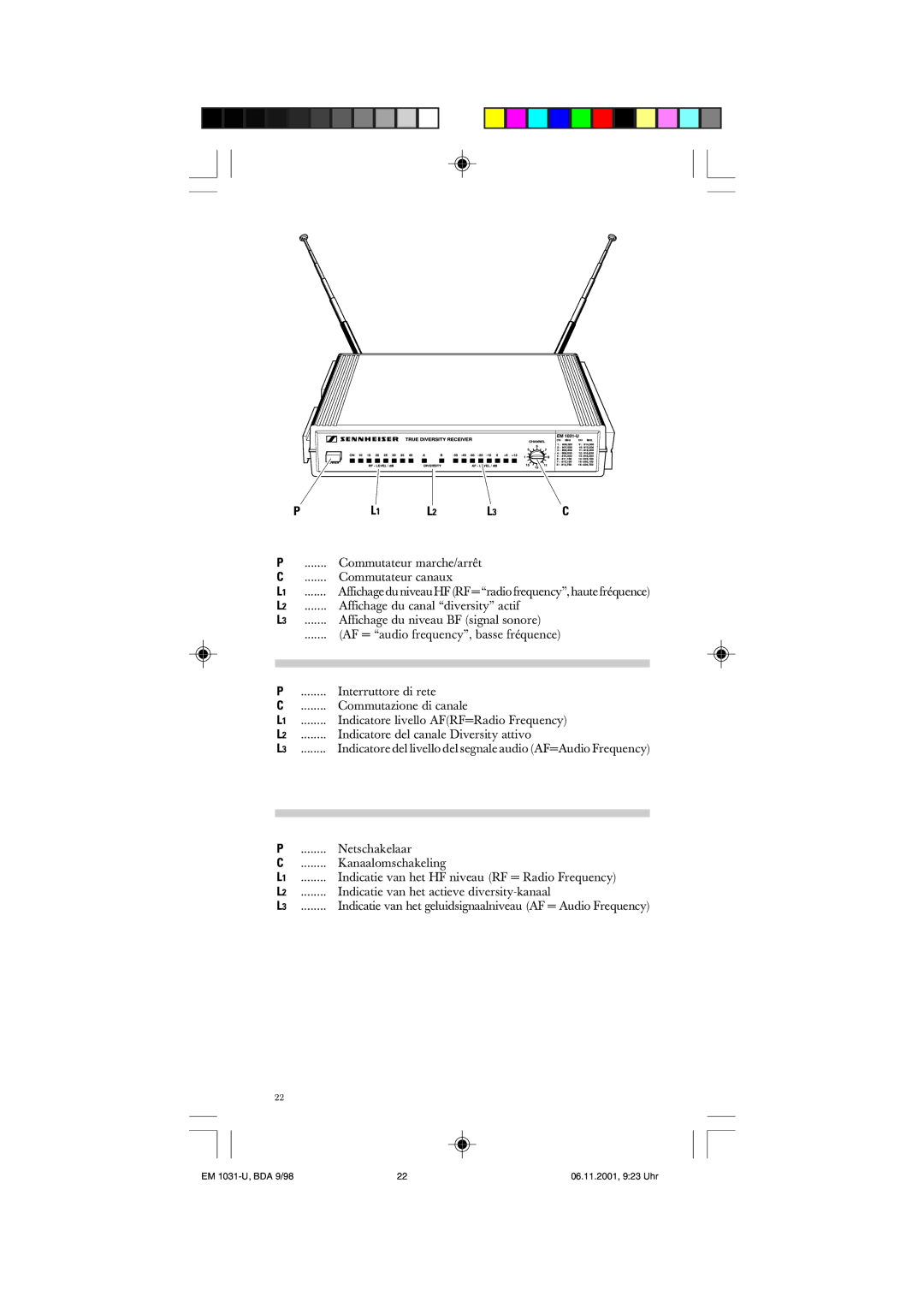 Sennheiser EM 1031-U manual Indicatore livello AFRF=Radio Frequency 