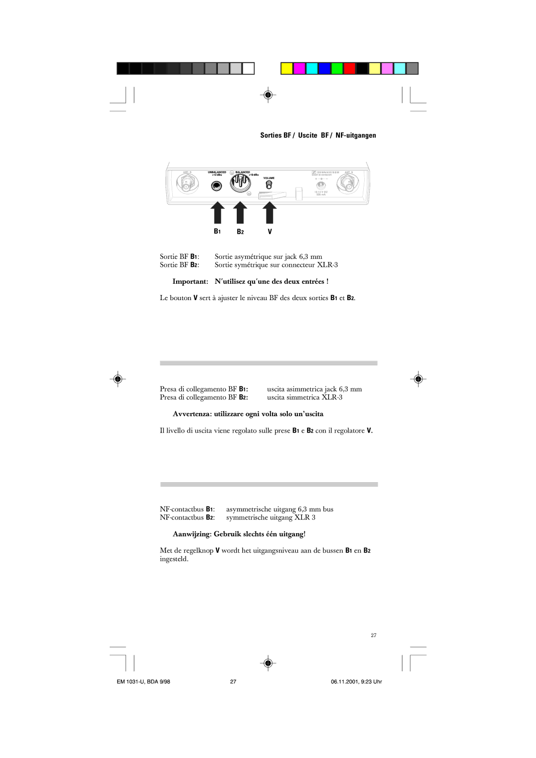 Sennheiser EM 1031-U manual Sorties BF / Uscite BF / NF-uitgangen 