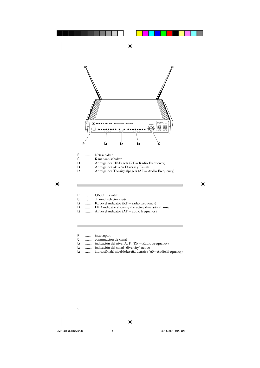 Sennheiser EM 1031-U manual RF level indicator RF = radio frequency 