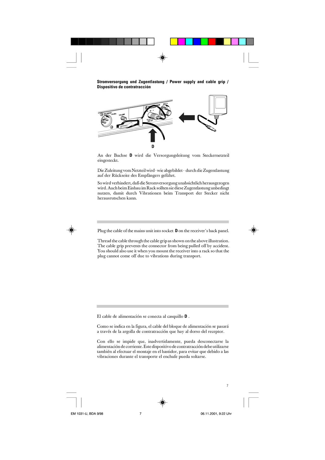 Sennheiser EM 1031-U manual El cable de alimentación se conecta al casquillo D 