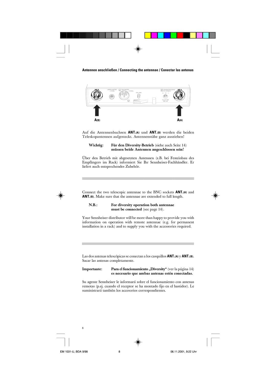 Sennheiser EM 1031-U manual Es necesario que ambas antenas estén conectadas 