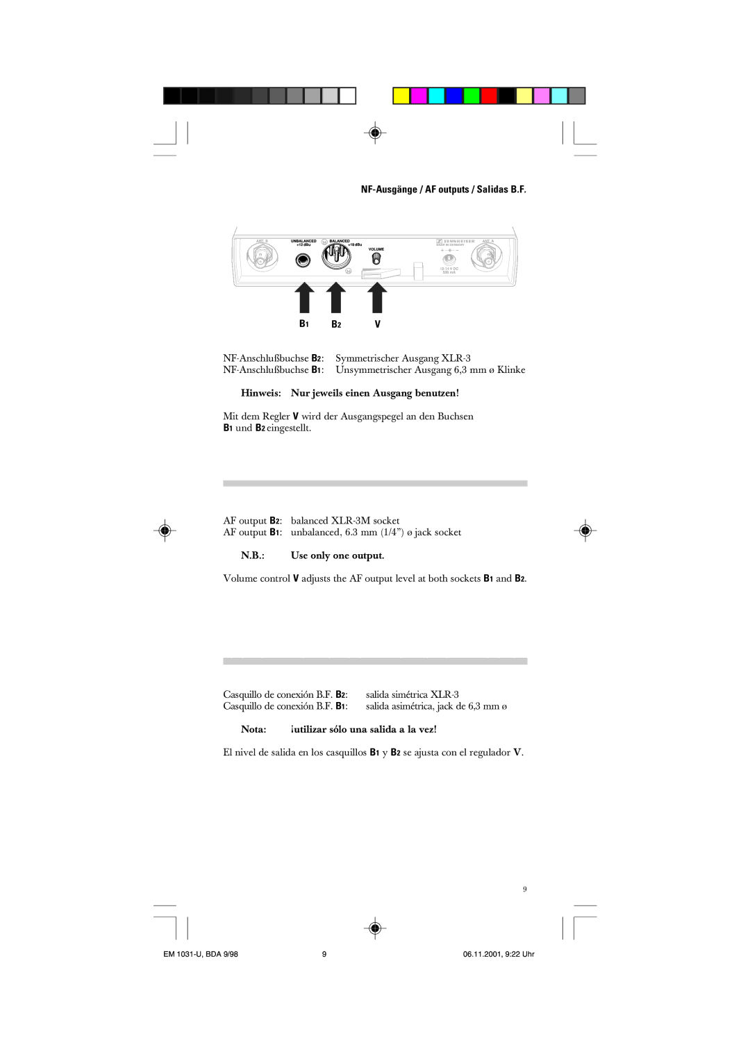 Sennheiser EM 1031-U manual NF-Ausgänge / AF outputs / Salidas B.F 