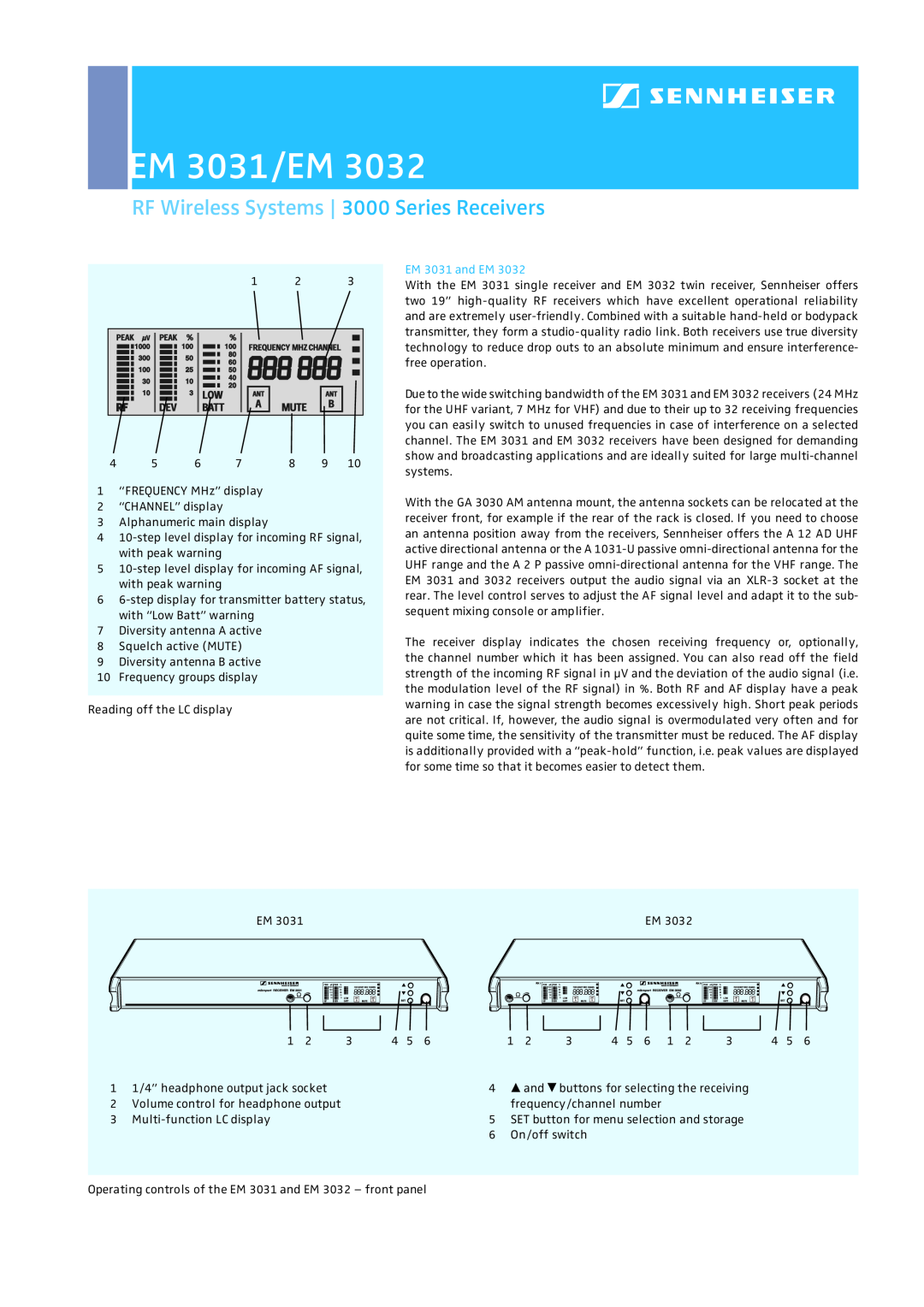 Sennheiser EM 3032-V, EM 3032-U dimensions EM 3031 and EM, EM 3031/EM, RF Wireless Systems 3000 Series Receivers 