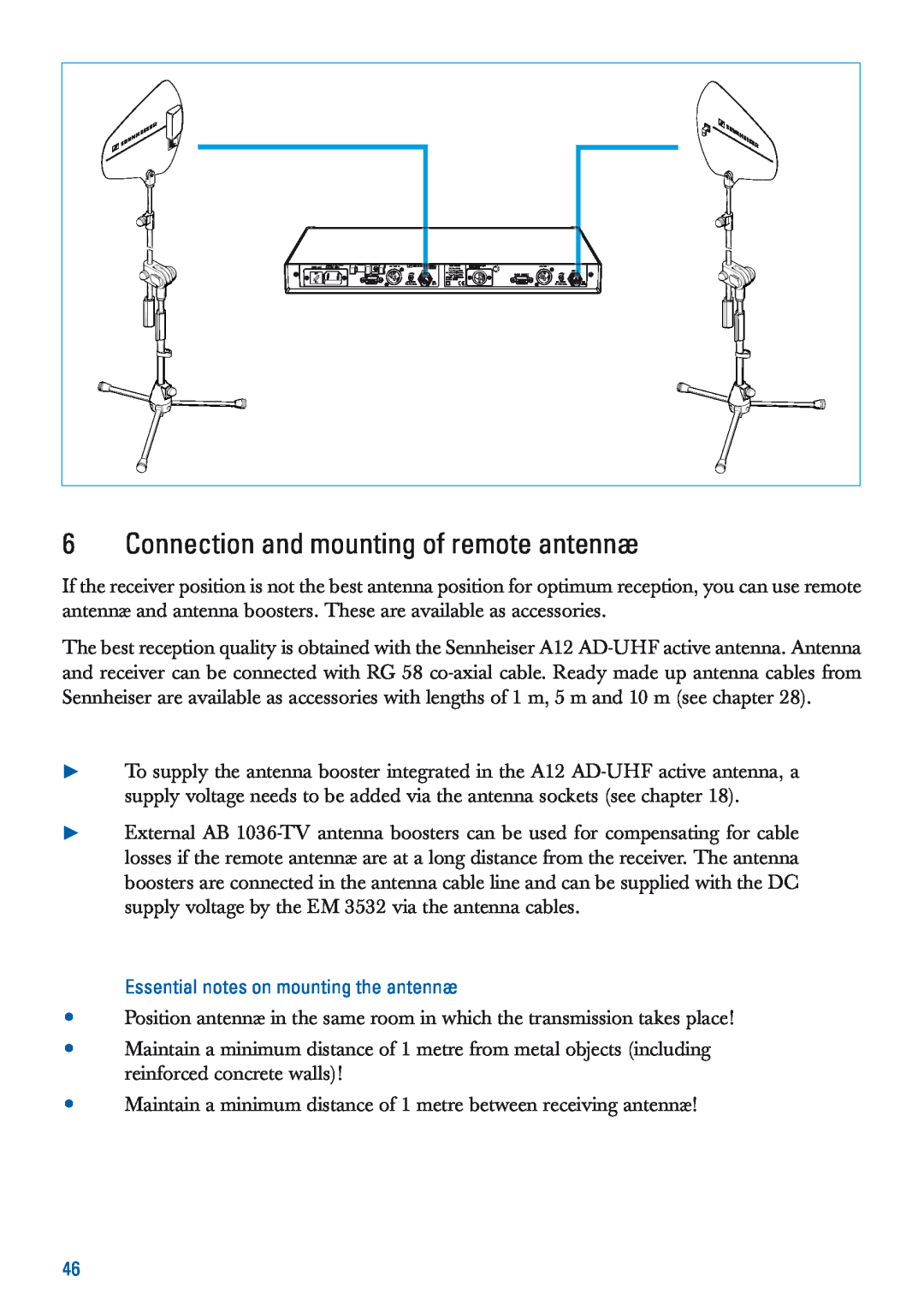 Sennheiser EM 3532-U manual Connection and mounting of remote antennæ, Essential notes on mounting the antennæ 