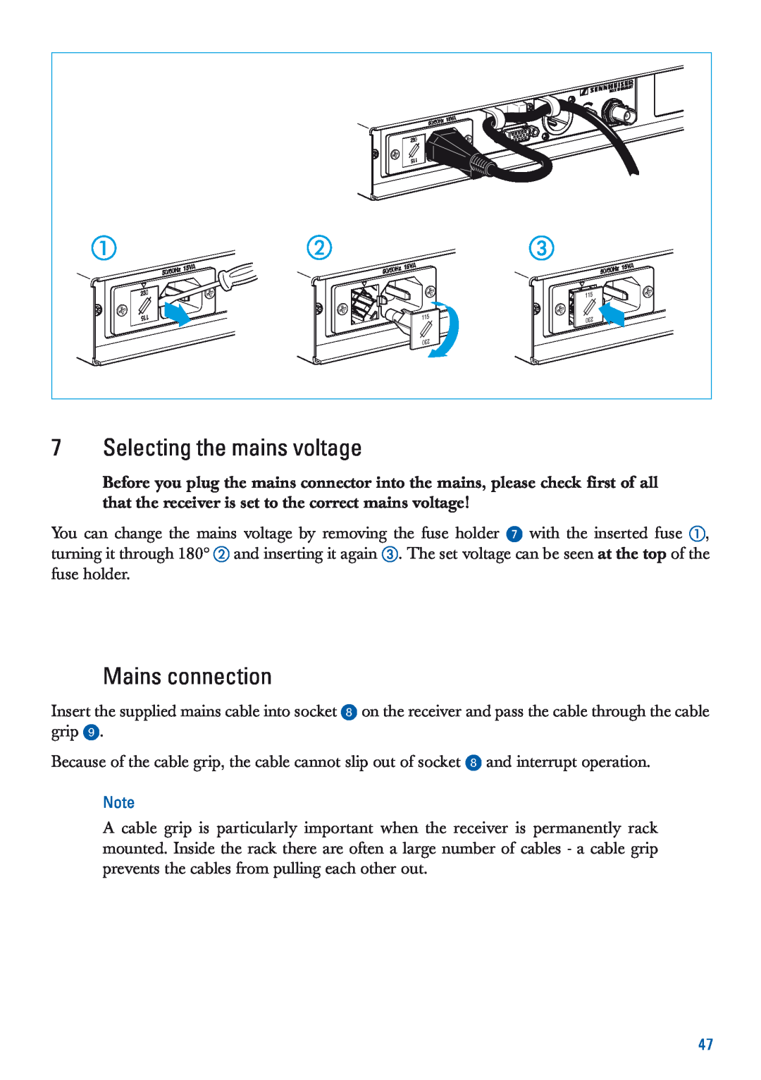 Sennheiser EM 3532-U manual Selecting the mains voltage, Mains connection 