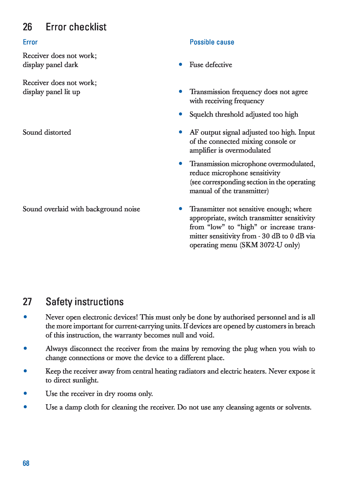 Sennheiser EM 3532-U manual Error checklist, Safety instructions, Possible cause 