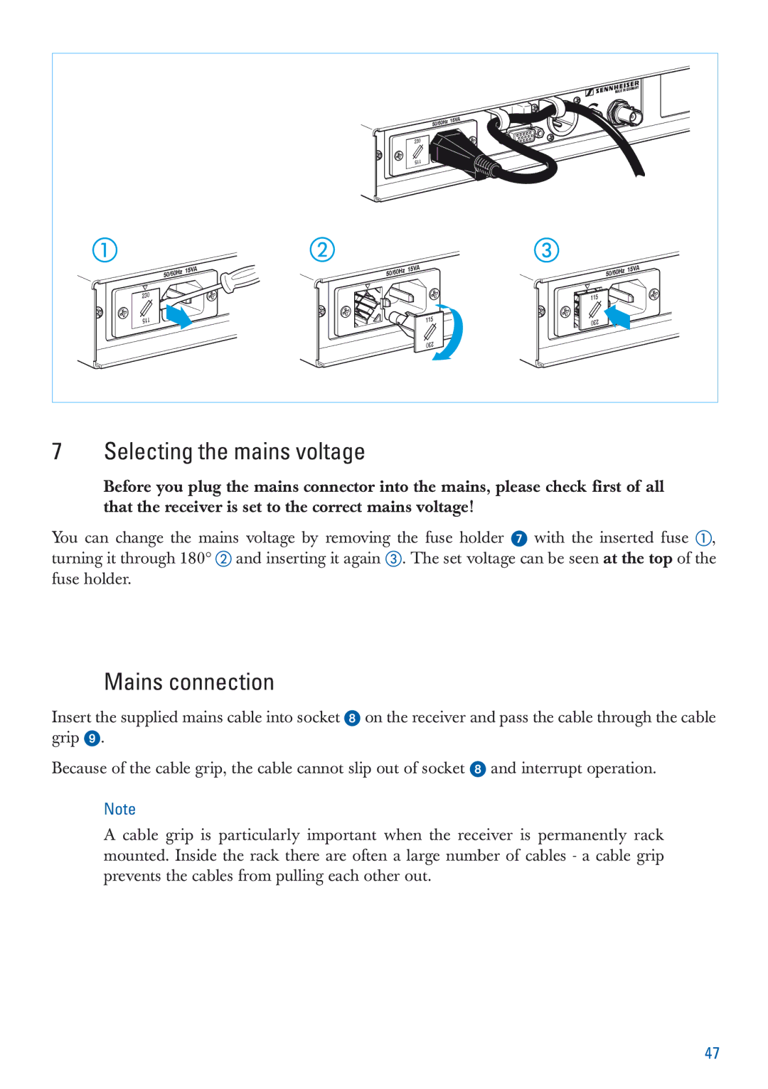 Sennheiser EM 3532-U manual Selecting the mains voltage, Mains connection 