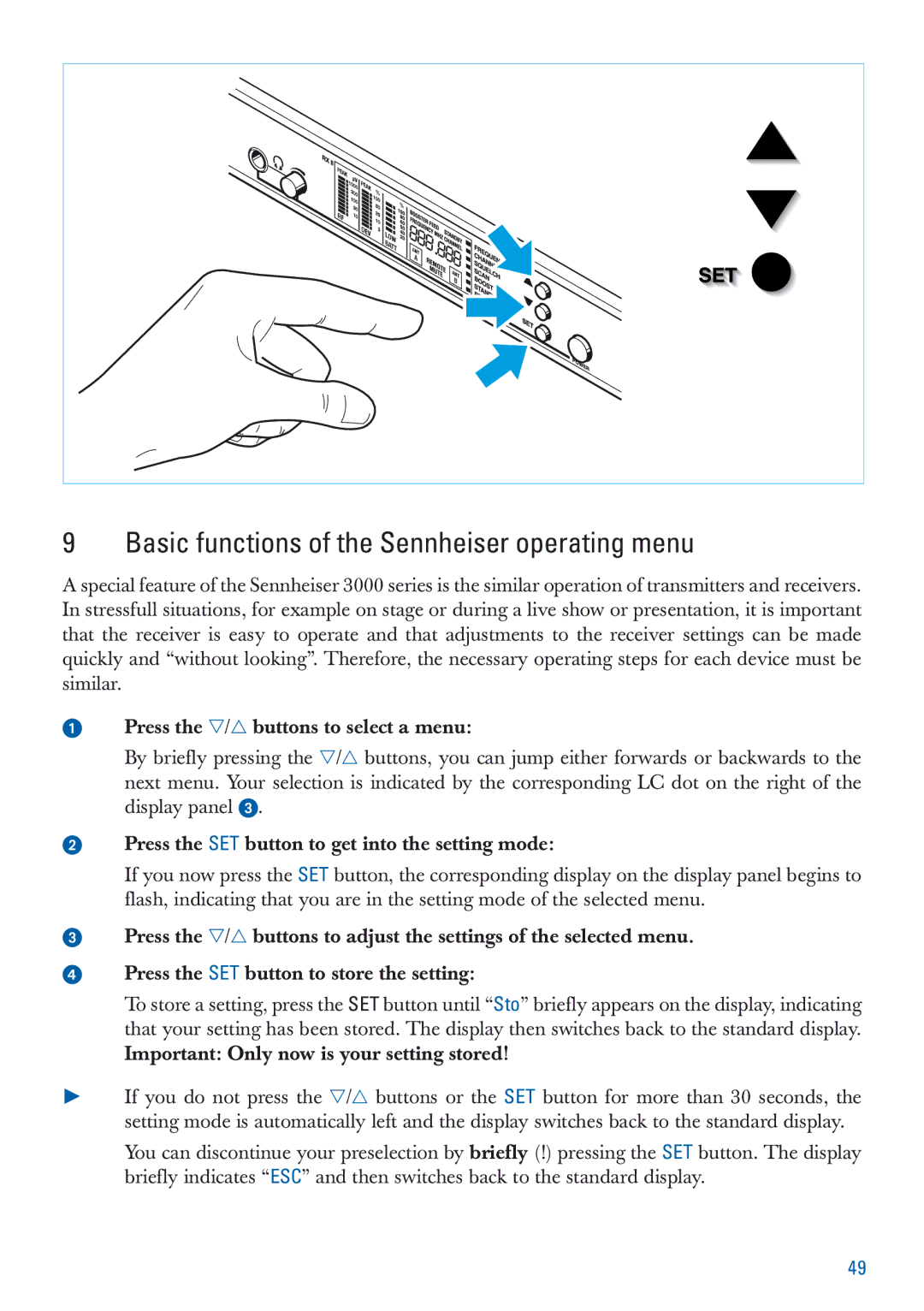 Sennheiser EM 3532-U manual Basic functions of the Sennheiser operating menu 