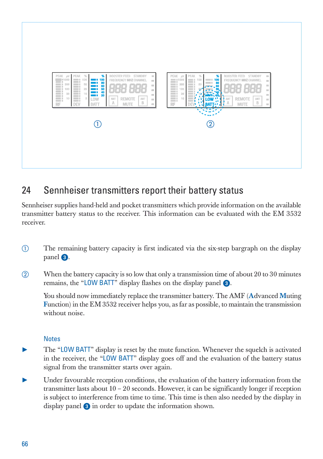 Sennheiser EM 3532-U manual Sennheiser transmitters report their battery status 