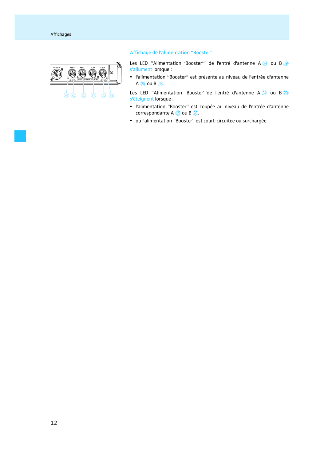 Sennheiser EM 3732 manual Affichage de lalimentation Booster 