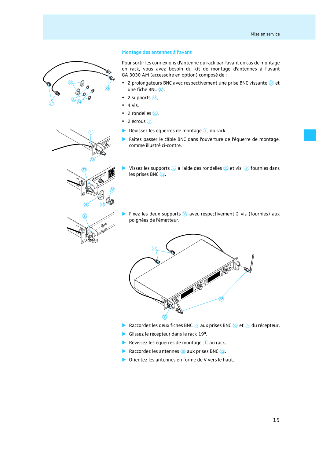 Sennheiser EM 3732 manual Montage des antennes à lavant 