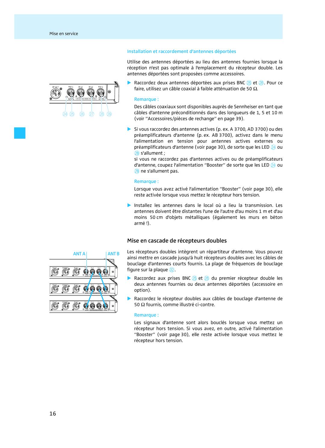 Sennheiser EM 3732 manual Mise en cascade de récepteurs doubles, Installation et raccordement dantennes déportées, Option 