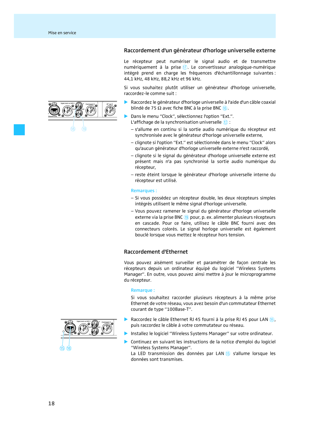 Sennheiser EM 3732 manual Raccordement dun générateur dhorloge universelle externe, Raccordement dEthernet, Remarques 