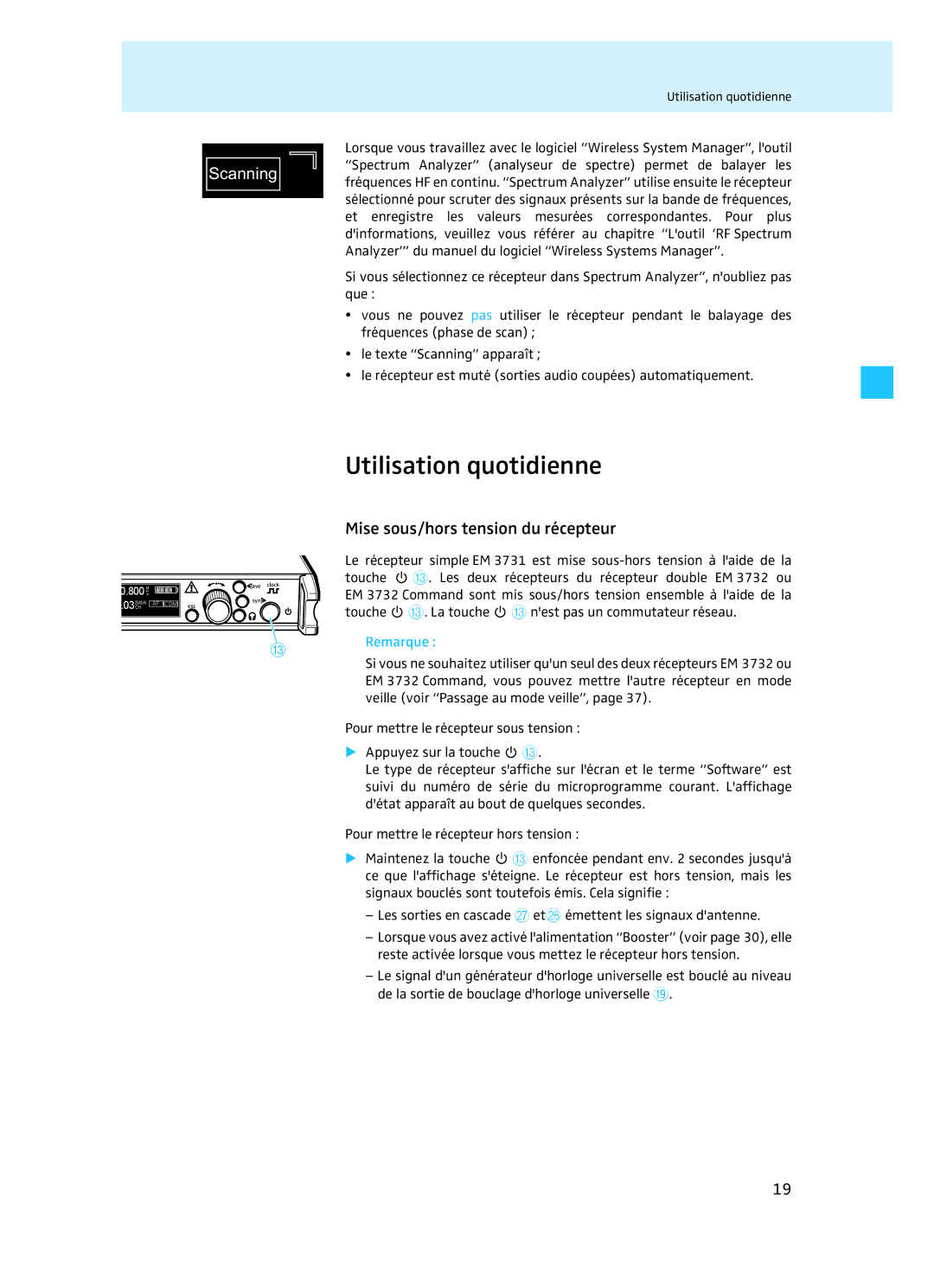 Sennheiser EM 3732 manual Utilisation quotidienne, Mise sous/hors tension du récepteur 