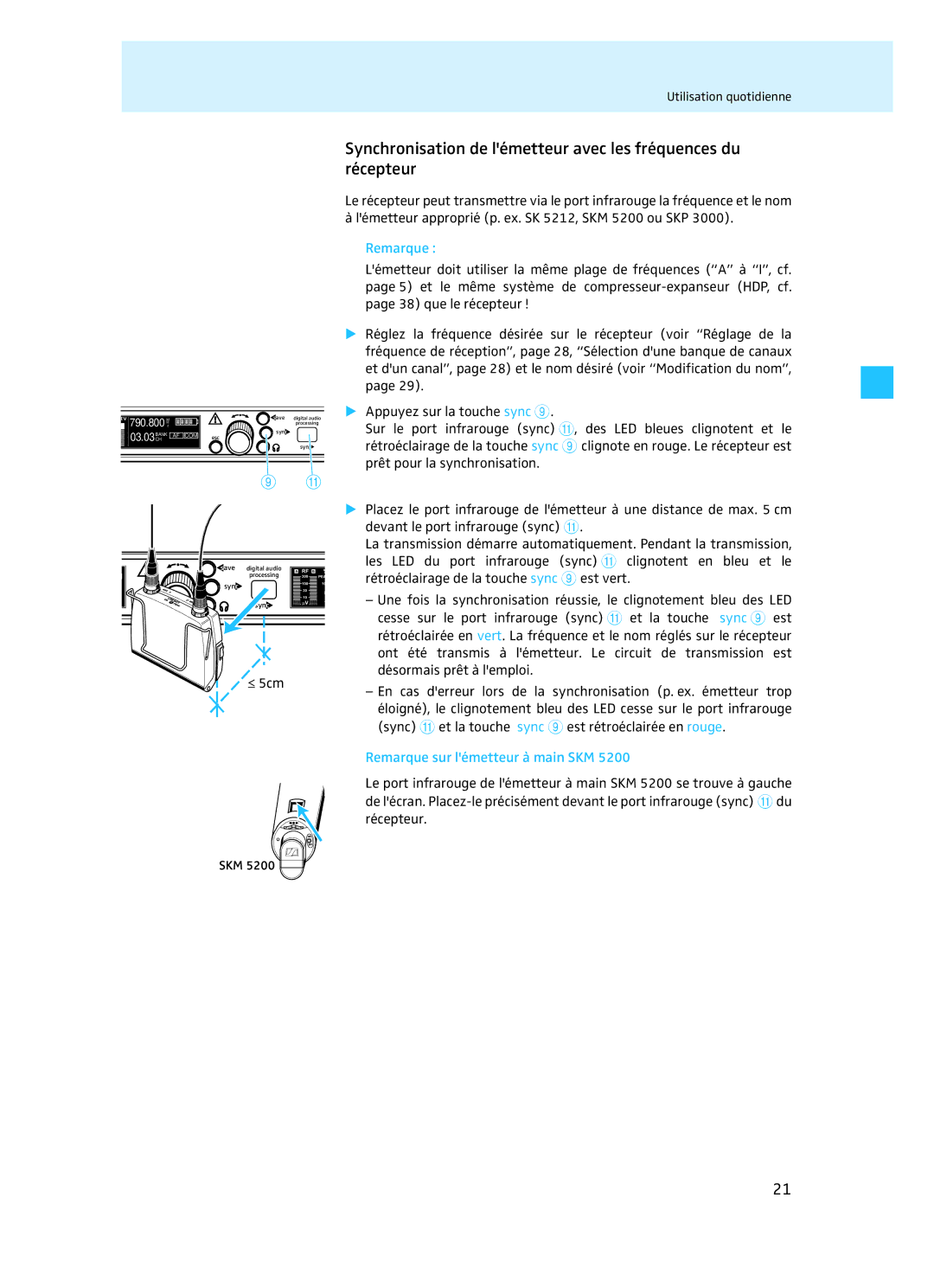 Sennheiser EM 3732 manual Cesse sur le port infrarouge Sync a et la touche sync 9 est, Remarque sur lémetteur à main SKM 