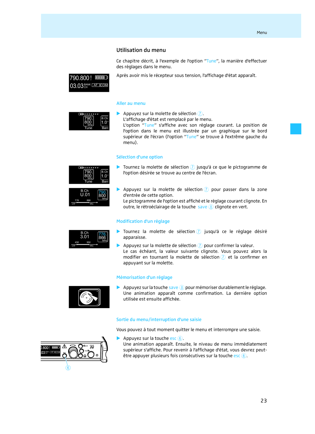 Sennheiser EM 3732 manual Utilisation du menu 