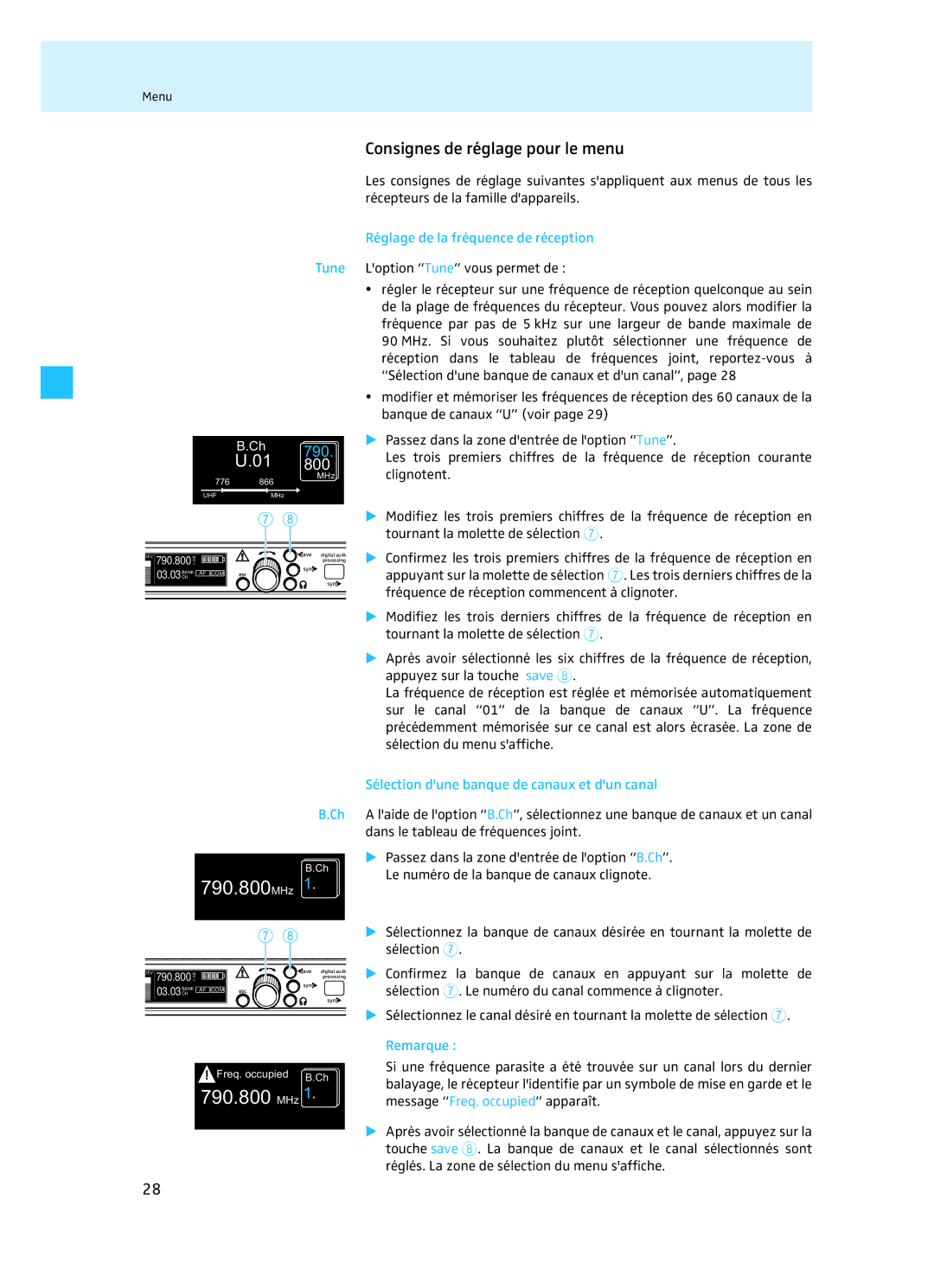 Sennheiser EM 3732 manual Consignes de réglage pour le menu, Réglage de la fréquence de réception 