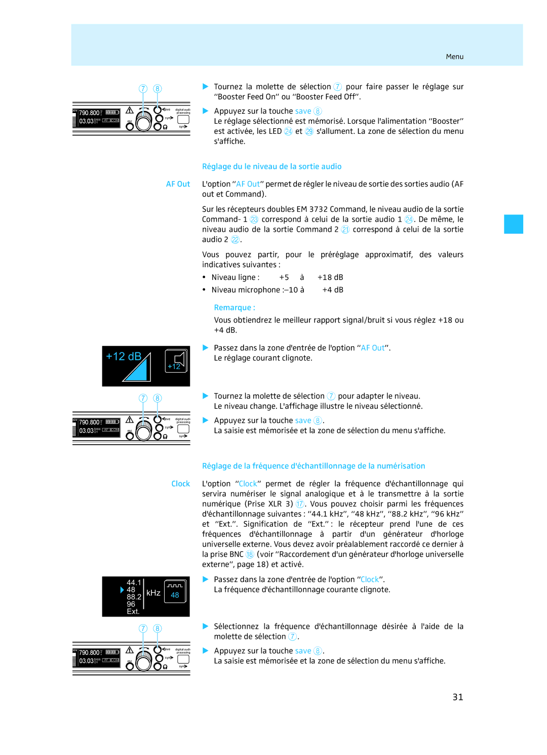 Sennheiser EM 3732 Réglage du le niveau de la sortie audio, Réglage de la fréquence déchantillonnage de la numérisation 