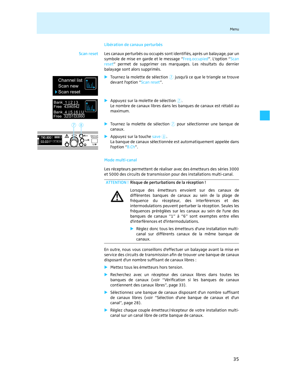 Sennheiser EM 3732 manual Libération de canaux perturbés, Mode multi-canal 