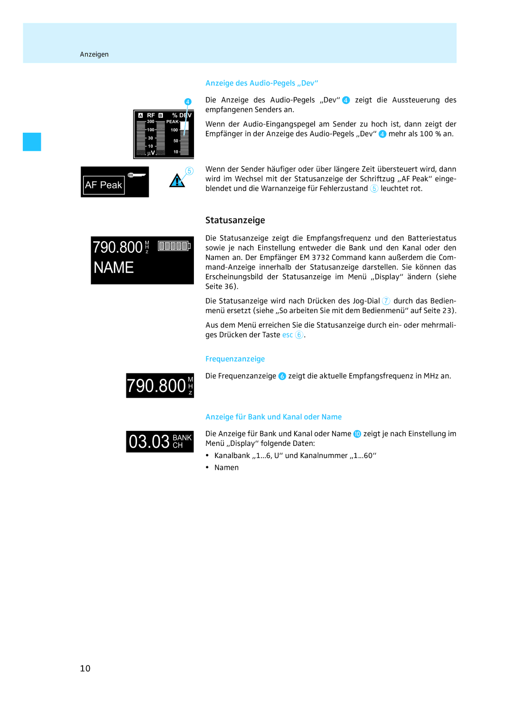 Sennheiser EM 3732 Statusanzeige, Anzeige des Audio-Pegels „Dev, Frequenzanzeige, Anzeige für Bank und Kanal oder Name 