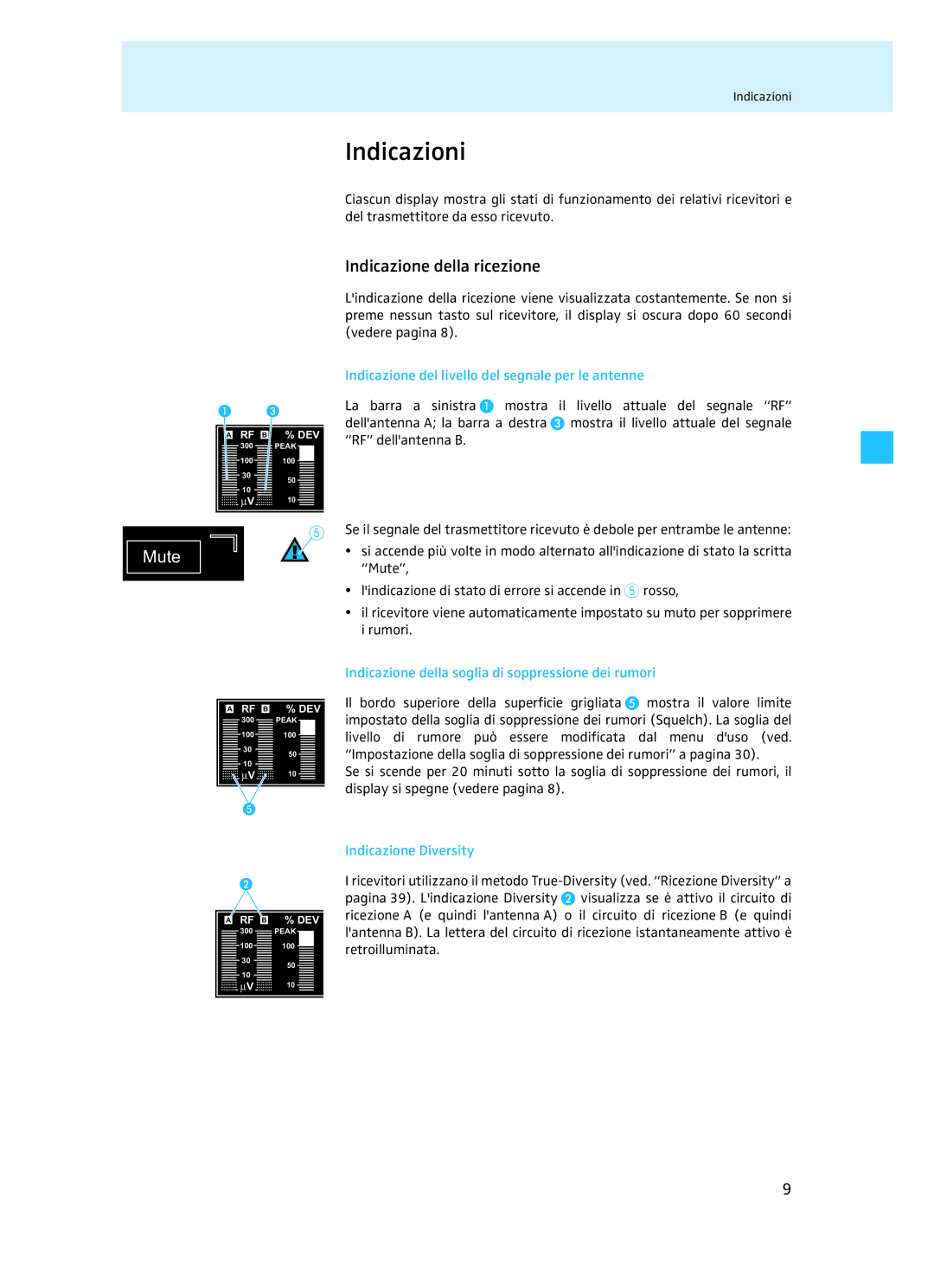 Sennheiser EM 3732 manual Indicazioni, Indicazione della ricezione, Indicazione del livello del segnale per le antenne 