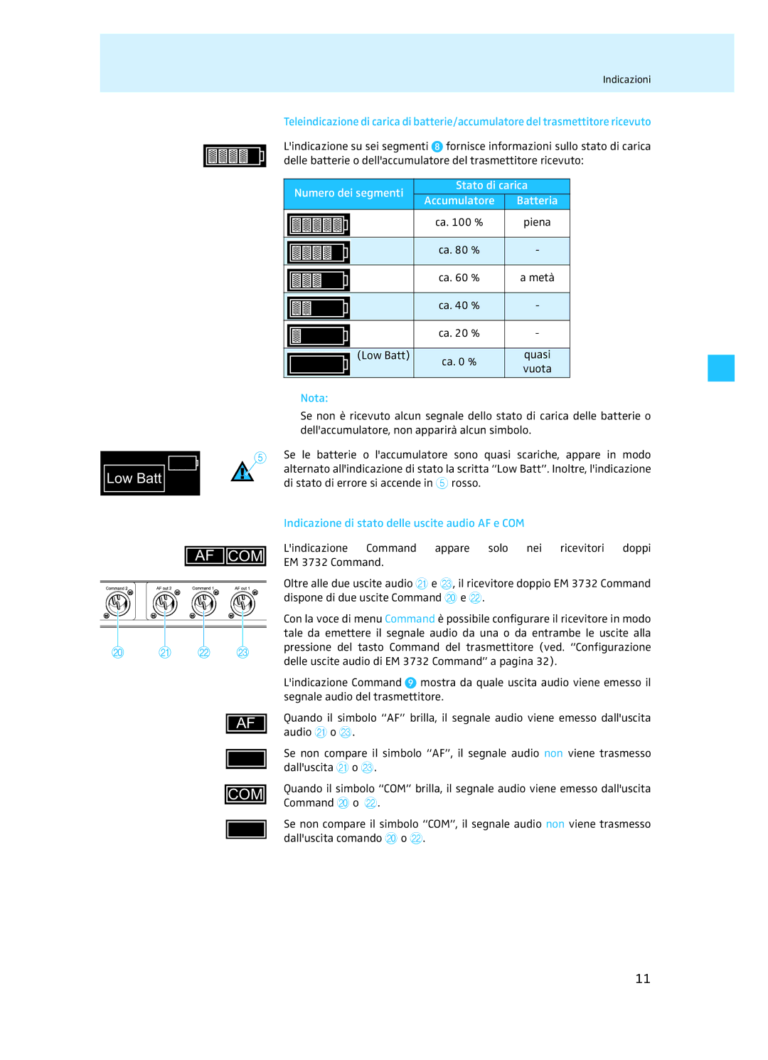 Sennheiser EM 3732 manual Numero dei segmenti Stato di carica Accumulatore Batteria, Nota 