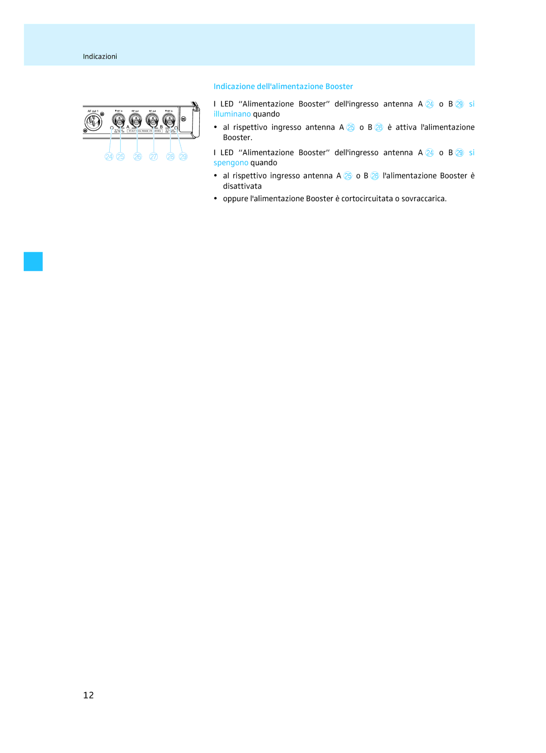 Sennheiser EM 3732 manual Indicazione dellalimentazione Booster 