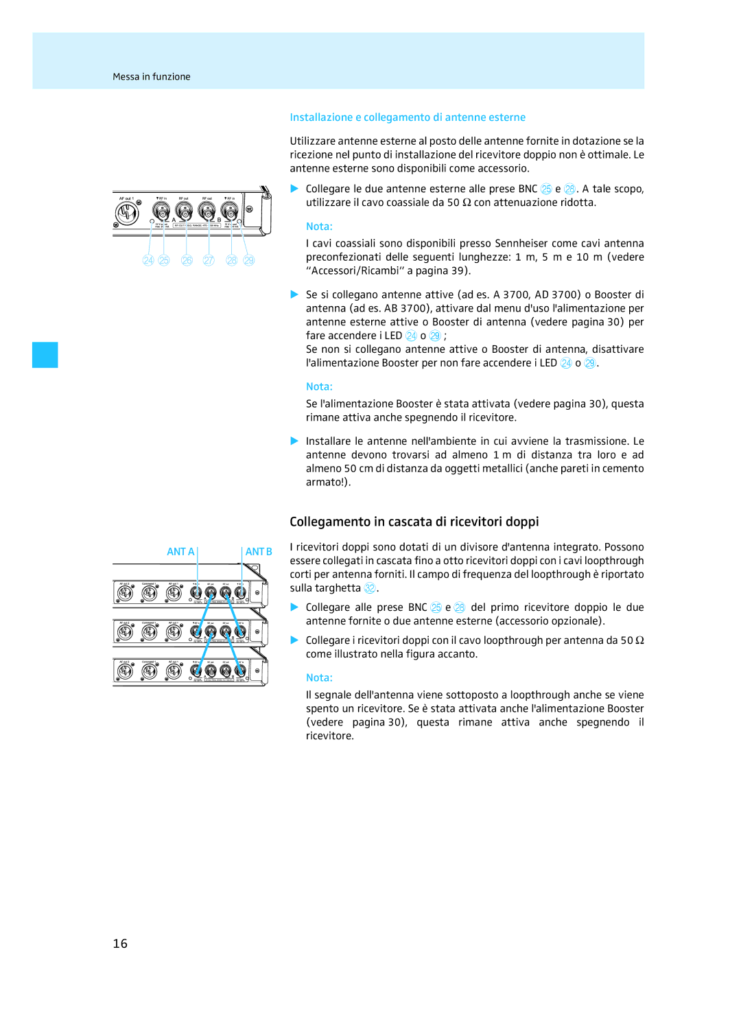 Sennheiser EM 3732 manual Collegamento in cascata di ricevitori doppi, Installazione e collegamento di antenne esterne 