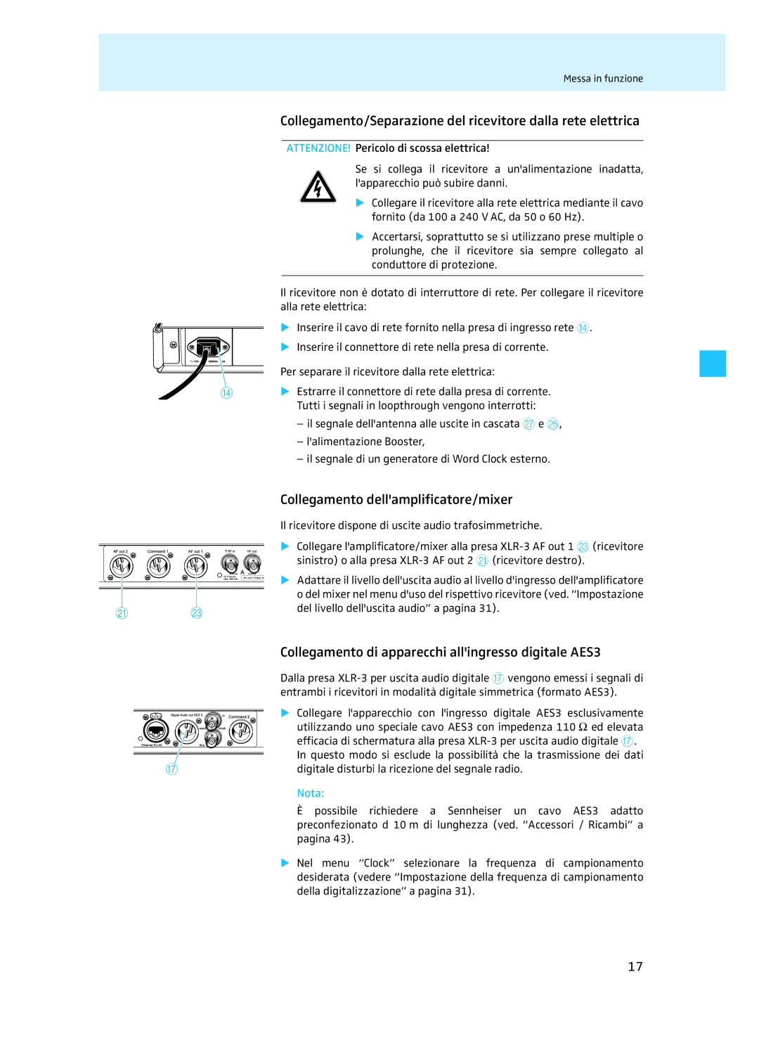 Sennheiser EM 3732 manual Collegamento dellamplificatore/mixer, Collegamento di apparecchi allingresso digitale AES3 