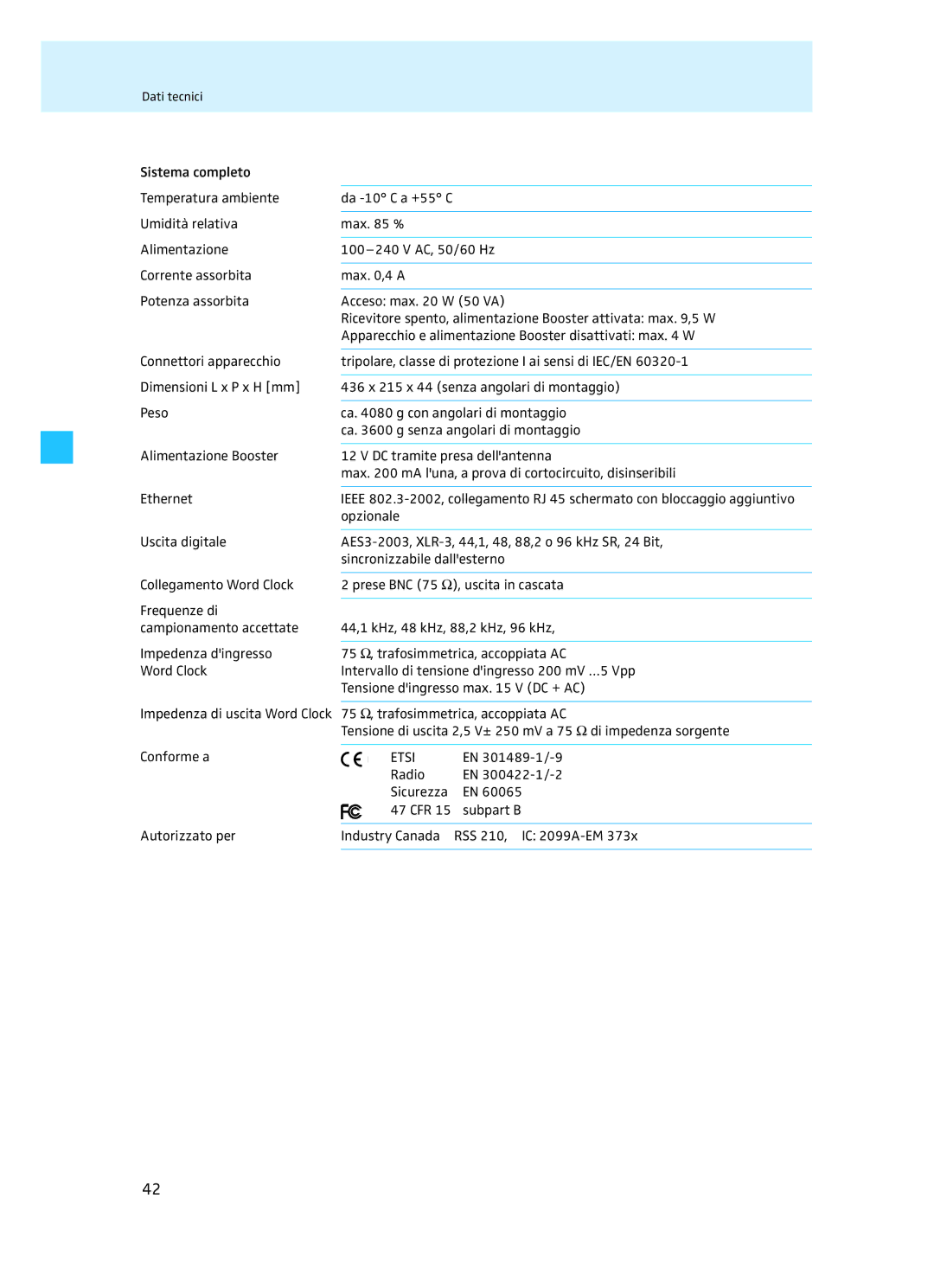 Sennheiser EM 3732 manual Conforme a, Radio EN 300422-1/-2 Sicurezza, Autorizzato per Industry Canada RSS 210, IC 2099A-EM 