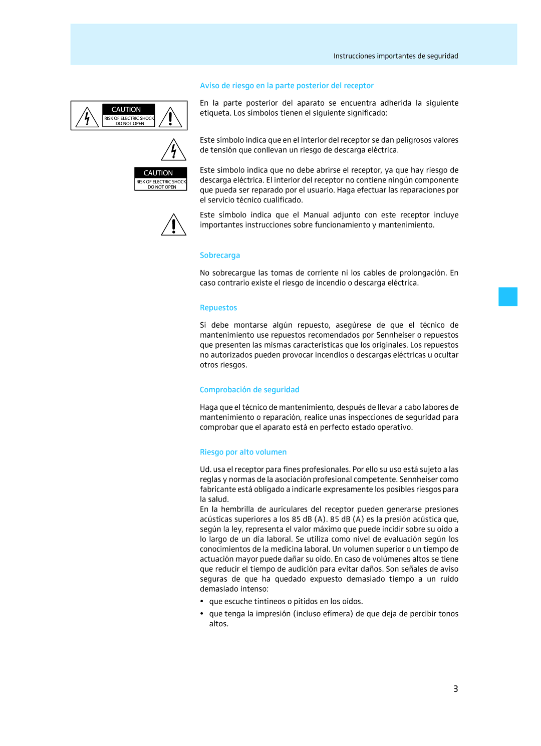 Sennheiser EM 3732 Aviso de riesgo en la parte posterior del receptor, Sobrecarga, Repuestos, Comprobación de seguridad 