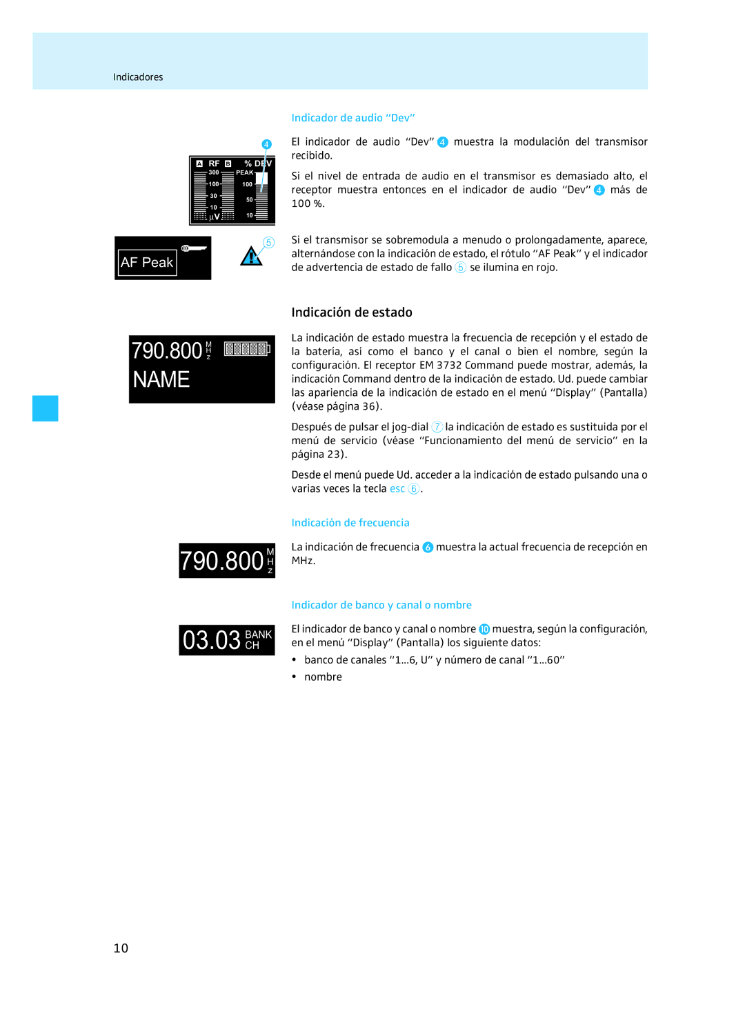 Sennheiser EM 3732 manual Indicación de estado, Indicador de audio Dev, Indicación de frecuencia 