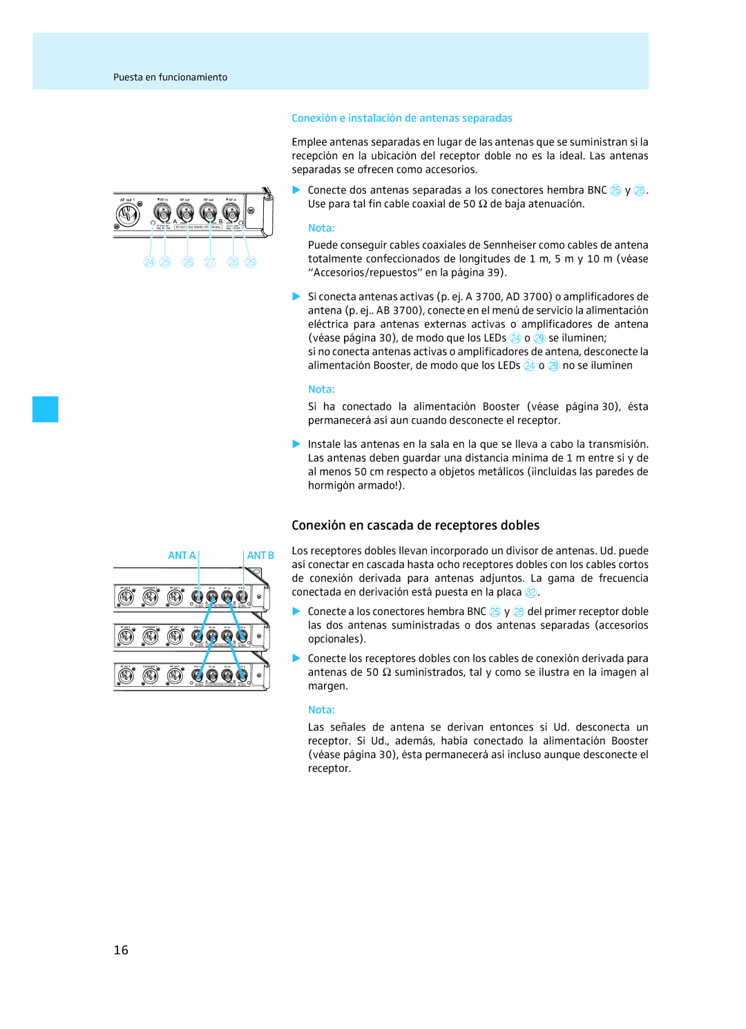 Sennheiser EM 3732 manual Conexión en cascada de receptores dobles, Conexión e instalación de antenas separadas, Opcionales 