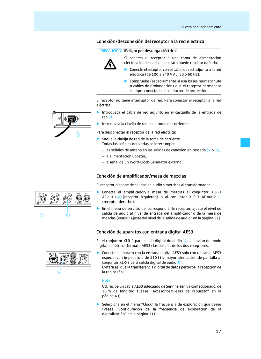 Sennheiser EM 3732 manual Conexión/desconexión del receptor a la red eléctrica, Conexión de amplificador/mesa de mezclas 