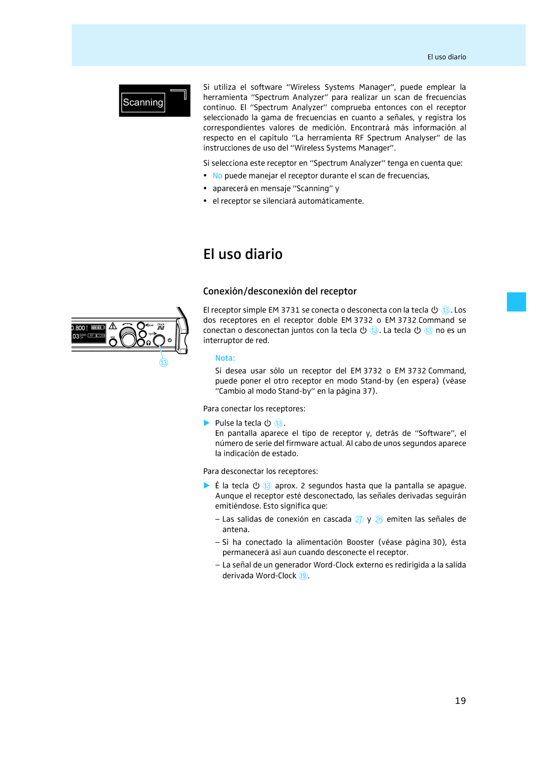 Sennheiser EM 3732 manual El uso diario, Conexión/desconexión del receptor 