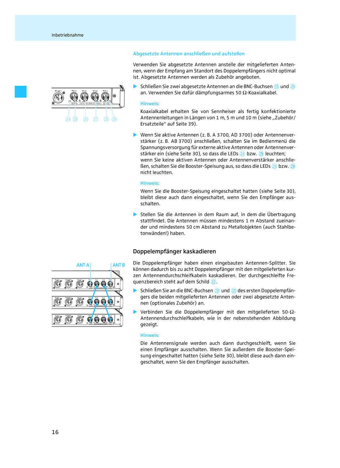 Sennheiser EM 3732 manual Doppelempfänger kaskadieren, Abgesetzte Antennen anschließen und aufstellen 