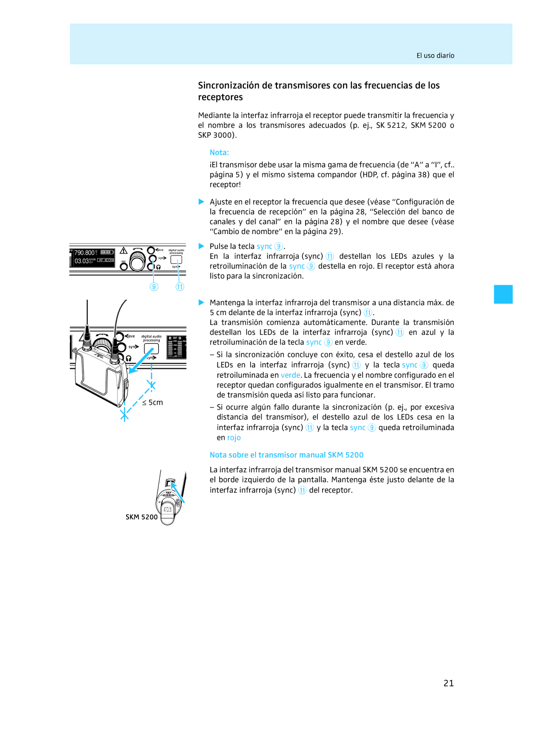 Sennheiser EM 3732 Retroiluminación de la tecla sync 9 en verde, Nota sobre el transmisor manual SKM 