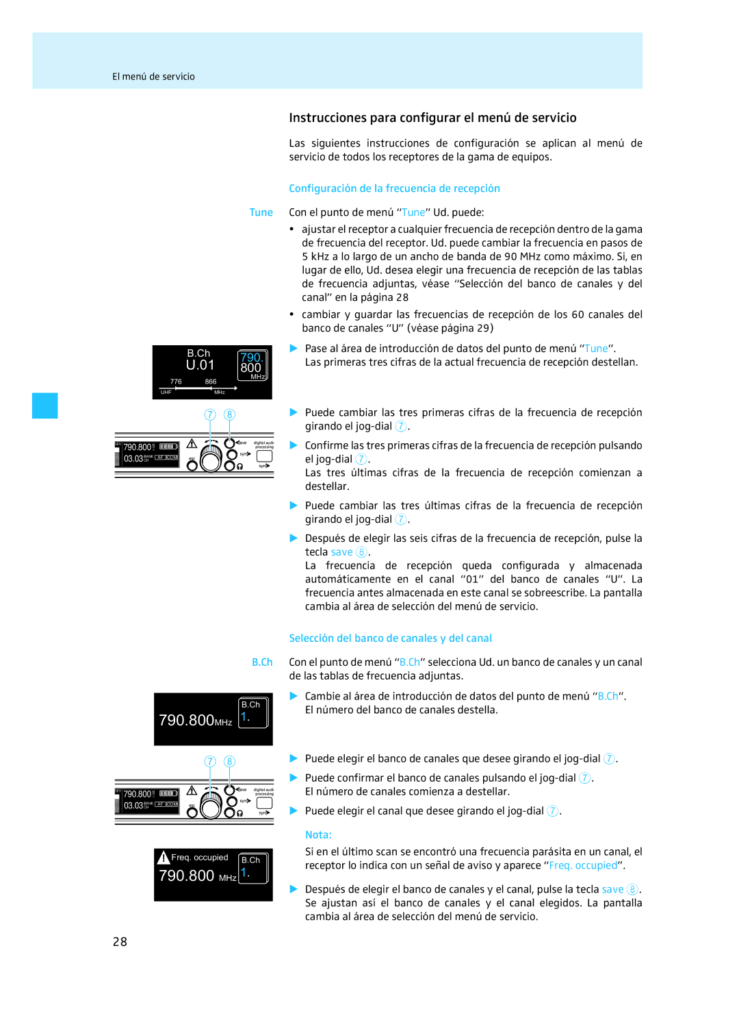 Sennheiser EM 3732 manual Instrucciones para configurar el menú de servicio, Configuración de la frecuencia de recepción 