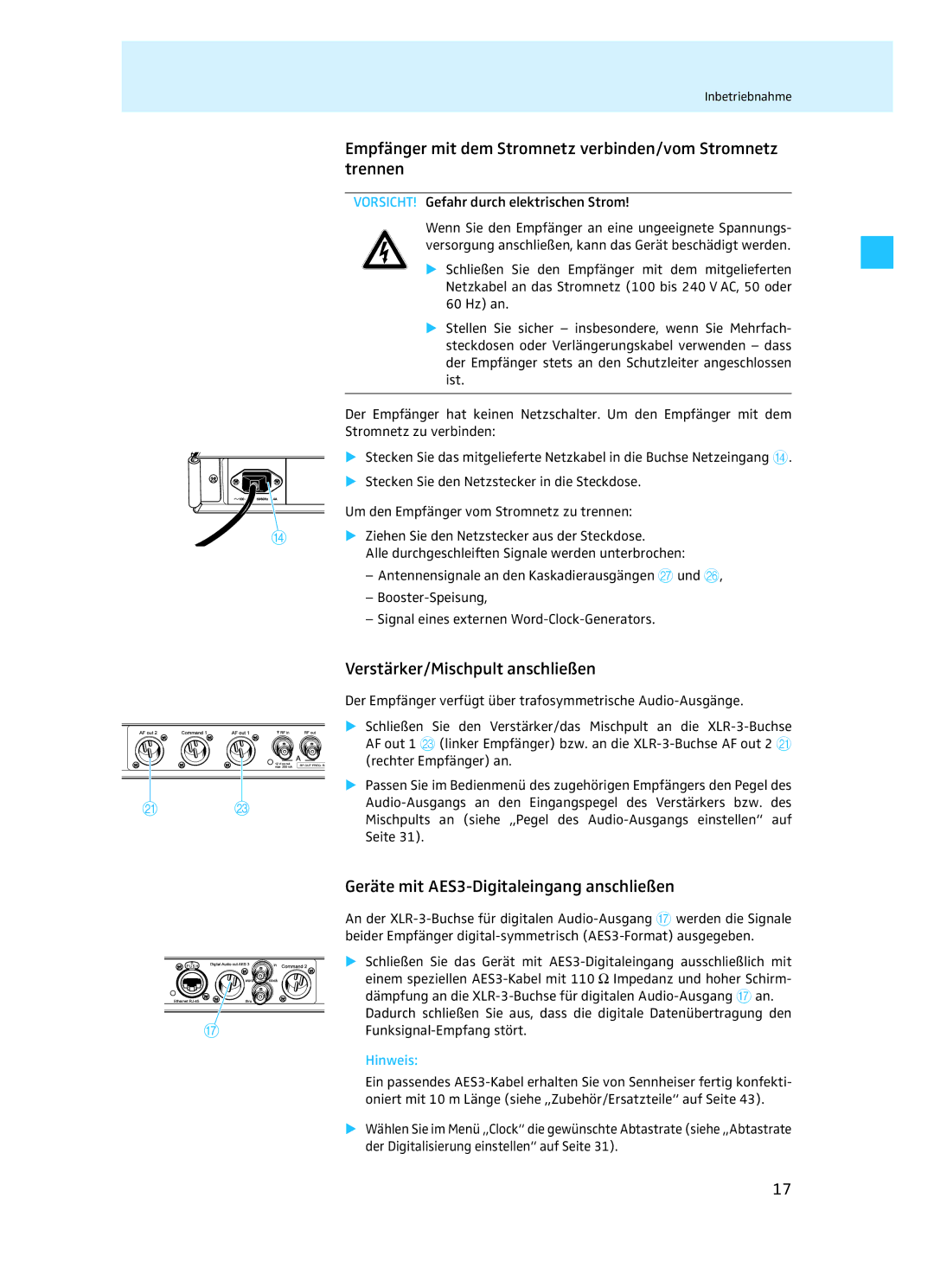 Sennheiser EM 3732 manual Empfänger mit dem Stromnetz verbinden/vom Stromnetz trennen, Verstärker/Mischpult anschließen 