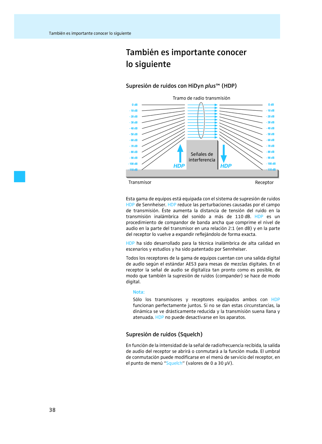 Sennheiser EM 3732 manual También es importante conocer lo siguiente, Supresión de ruidos con HiDyn plus HDP 