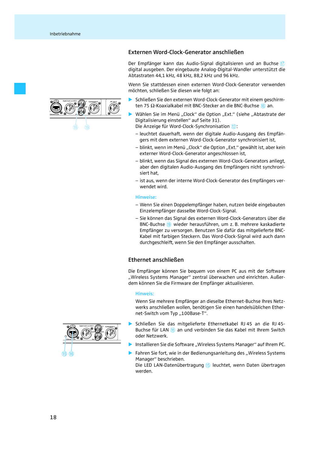 Sennheiser EM 3732 manual Externen Word-Clock-Generator anschließen, Ethernet anschließen, Hinweise 