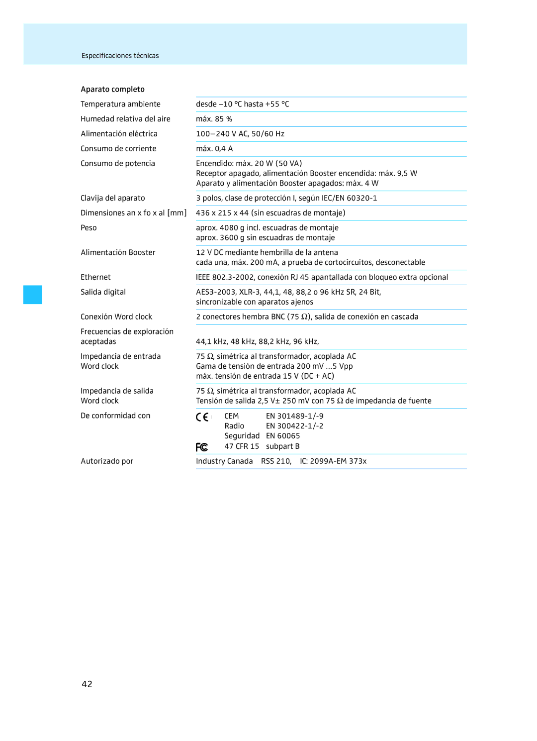 Sennheiser EM 3732 manual Radio EN 300422-1/-2 Seguridad, Autorizado por Industry Canada RSS 210, IC 2099A-EM 