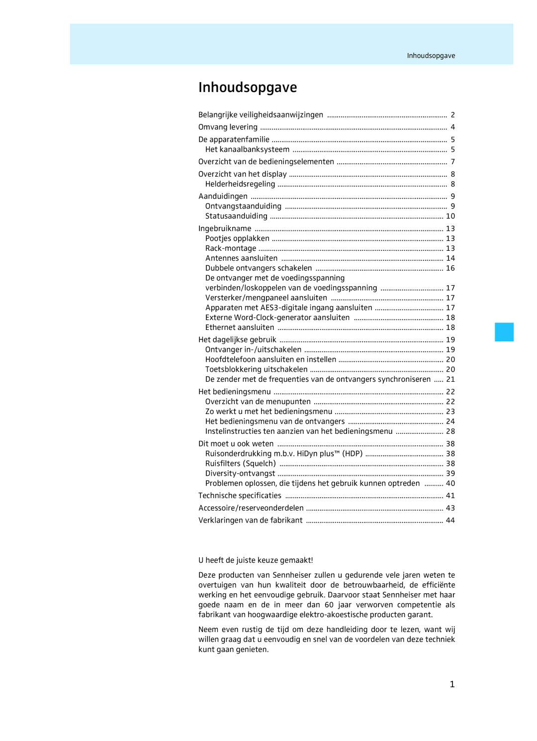 Sennheiser EM 3732 manual Inhoudsopgave, De ontvanger met de voedingsspanning 