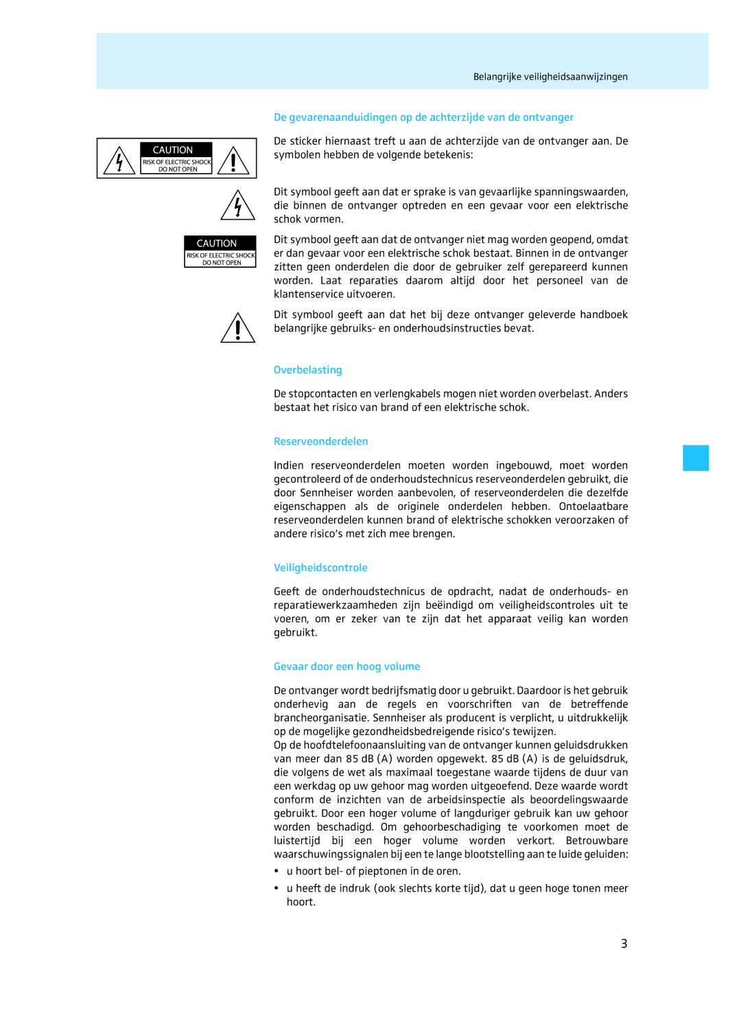 Sennheiser EM 3732 manual De gevarenaanduidingen op de achterzijde van de ontvanger, Overbelasting, Reserveonderdelen 