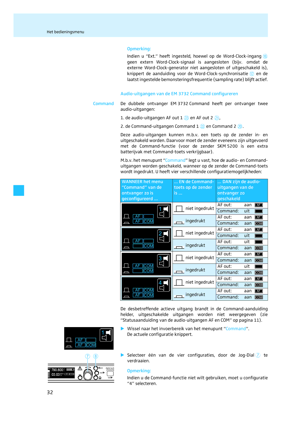 Sennheiser manual Audio-uitgangen van de EM 3732 Command configureren, Wanneer het menu, … DAN zijn de audio 